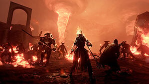 Battle Wizard Build in Vermintide 2 Game with Player Standing in Front of Fire Tornado with Monsters Attacking