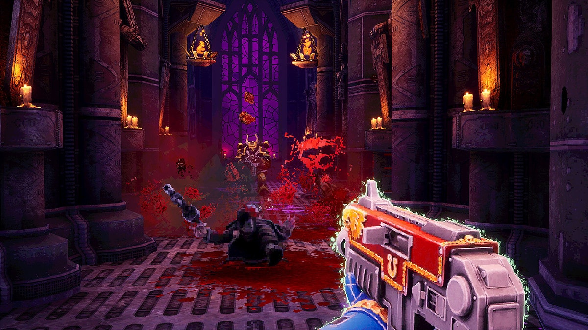 Player starting the teleporter maze puzzle in Warhammer 40k boltgun game